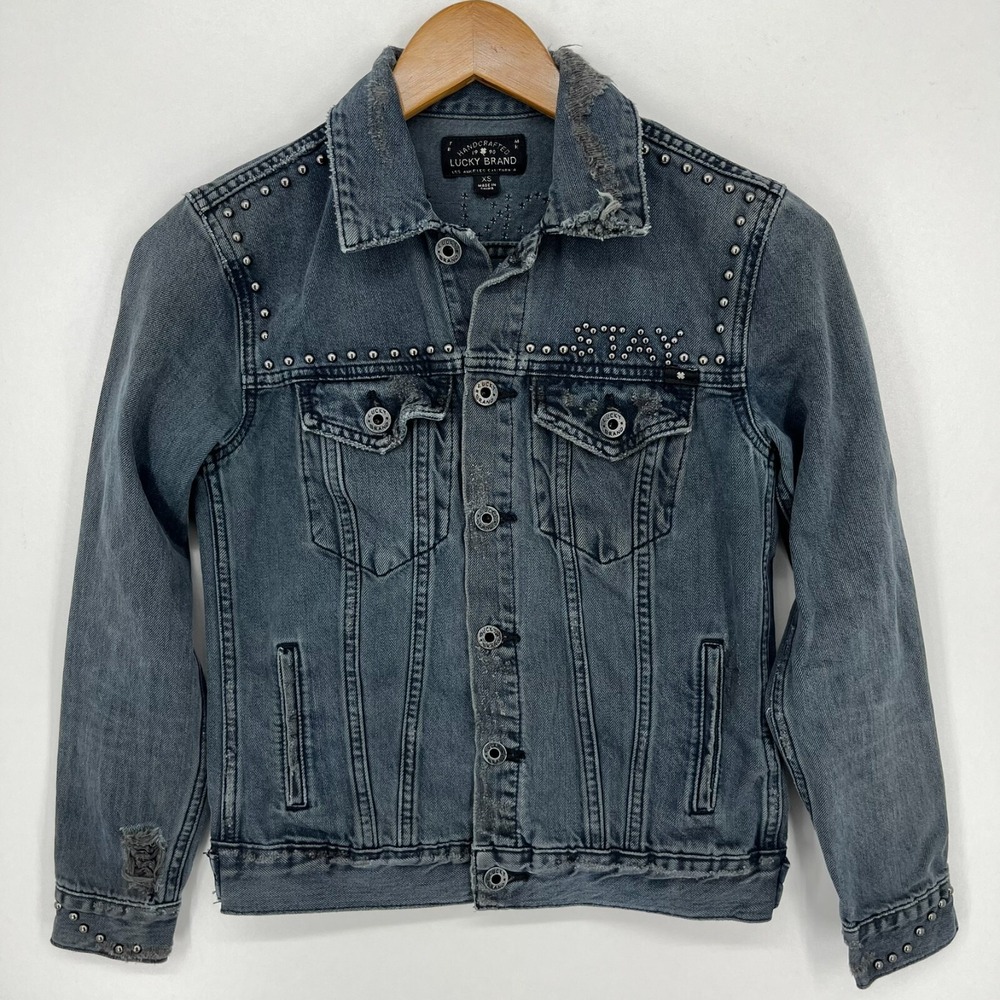 Lucky Brand Tomboy Trucker Studded Distressed Denim Jacket XS Reckless Stay Blue